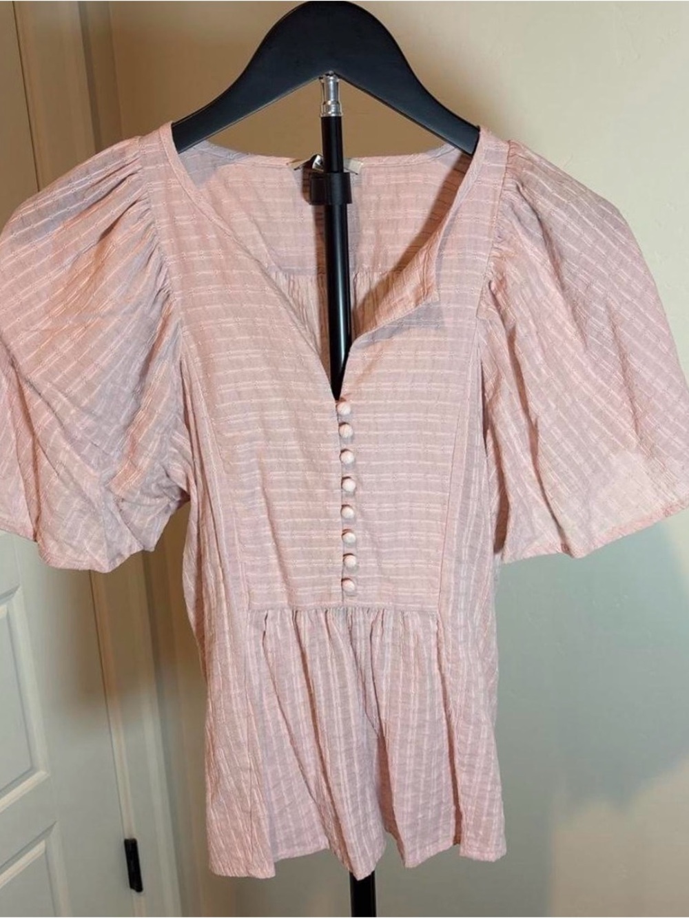 Madewell Blush Pink Textured Puff Sleeve Top